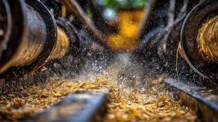 Close-up of sugarcane being crushed through steel roller presses