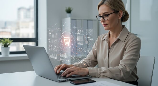 Businesswoman working on laptop with overlayed e-commerce interface