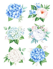 Watercolor floral bouquet illustration set Hydrangea myosotis rose peony blue white  png