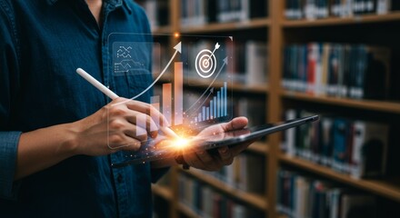 Chart overlay on tablet held by person, in a bookshelf setting