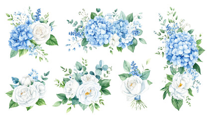 Watercolor floral bouquet illustration set Hydrangea myosotis rose peony blue white  png