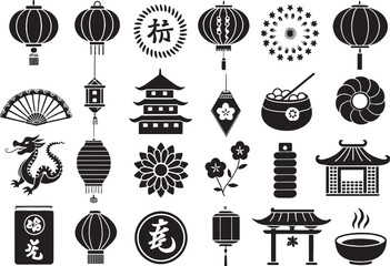 Chinese New Year Elements Icon Set  Silhouette Vector Graphics