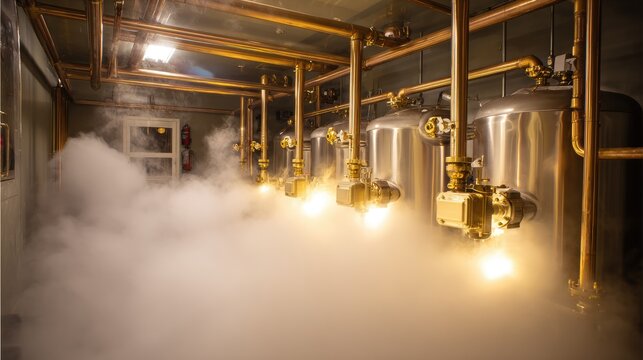 Steam flowing from pipes above boiling and crystallization tanks