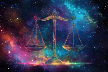 An illustration of a celestial scale, symbolic of Libra, set against a vibrant cosmic galaxy background.