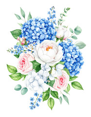 Watercolor floral bouquet illustration set Hydrangea myosotis rose peony blue white  png