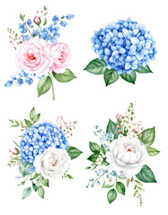 Watercolor floral bouquet illustration set Hydrangea myosotis rose peony blue white  png
