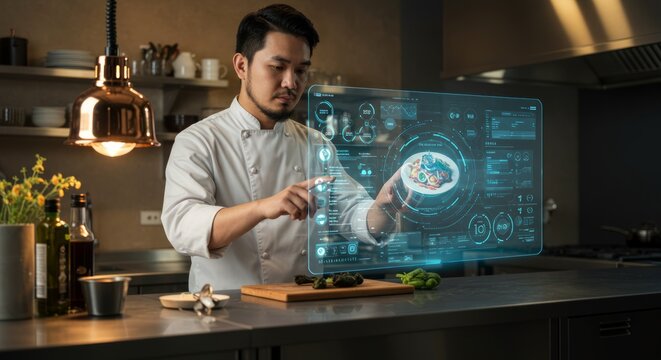 Chef interacts with holographic food data in a modern kitchen - Powered by Adobe