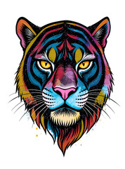 Fototapeta premium Vibrant Tiger Portrait with Geometric Designs in Blue Pink and Yellow on Transparent Background