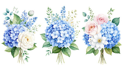 Watercolor floral bouquet illustration set Hydrangea myosotis rose peony blue white  png