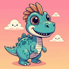 Obraz premium A cute green dinosaur cartoon illustration