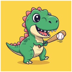 Obraz premium A green cartoon illustration dinosaur playing baseball