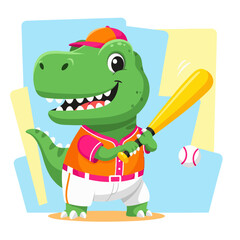 A green cartoon illustration dinosaur playing baseball