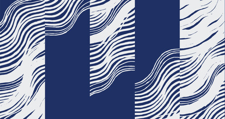 Hand drawn brush line abstract waves and water patchwork pattern in white and blue, Japanese and ethnic folk wood carving, block print texture background, simple graphic for textile, decoration