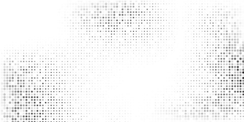 Mesh grunge halftone gradient background. Faded grit noise texture. White and black design abstract vector illustration
