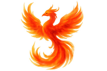 Fiery phoenix spreading its wings on a transparent background, embodying immortality, resurrection, and the cyclical nature of life