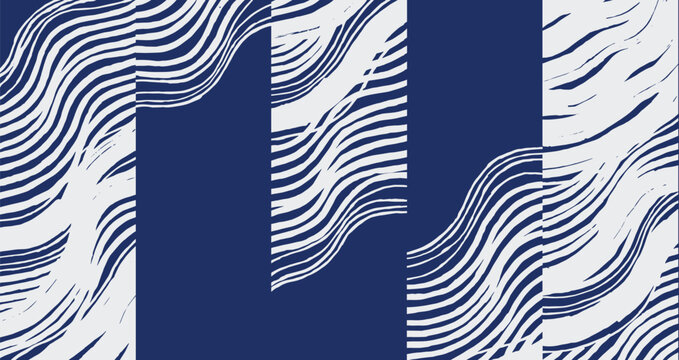 Hand drawn brush line abstract waves and water patchwork pattern in white and blue, Japanese and ethnic folk wood carving, block print texture background, simple graphic for textile, decoration