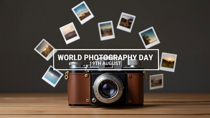 Vintage camera celebrating world photography day with floating photos