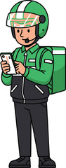 A delivery person wearing a helmet and backpack, looking at a phone, ready to deliver.