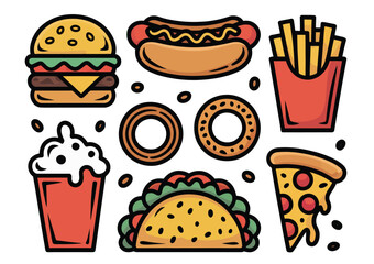Vibrant fast food collection featuring burger, hot dog, pizza, fries, taco, and drink
