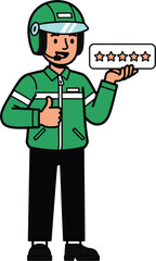 Smiling delivery person holding a five-star rating card, giving a thumbs-up.