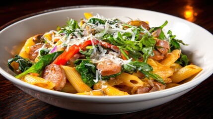 Pasta dish with penne, sausage, peppers, onions, spinach, and cheese in a white bowl