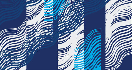 Hand drawn brush line abstract waves and water patchwork pattern in different shades of blue, Japanese and ethnic folk wood carving, block print collage texture background