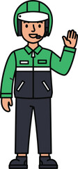 Friendly delivery person in green uniform waves, wearing a helmet and headset.