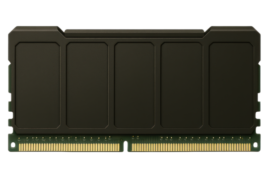 Computer memory module RAM stick with black heat spreader and gold contacts on a transparent background