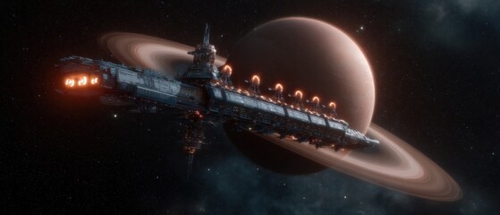 Obraz premium Futuristic colony ship approaching ringed exoplanet in deep space