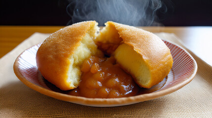 Golden Close-up: Freshly Fried Japanese Curry Bread Cut in Half with Steaming Filling

