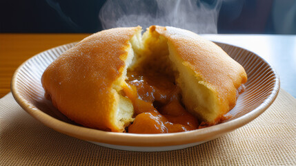 Golden Close-up: Freshly Fried Japanese Curry Bread Cut in Half with Steaming Filling

