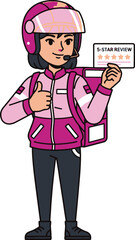 Smiling delivery person in pink uniform, helmet, and backpack, holding a five-star review, gesturing a thumbs-up.