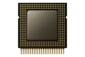 Computer processor CPU chip with pin grid array electronics on a transparent background