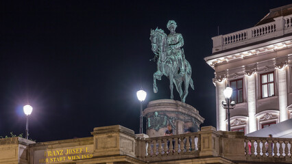 Night view of equestrian statue of Archduke Albert in front of the Albertina Museum timelapse in...