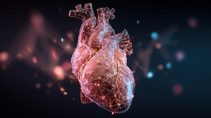 3D rendering of a human heart with glowing digital network connections, futuristic cyber medical technology concept, dark background with neon blue highlights.