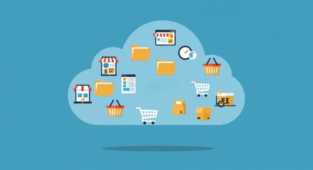 Cloud-shaped graphic with various icons representing online shopping, e-commerce, including store fronts, shopping carts, files, and a basket