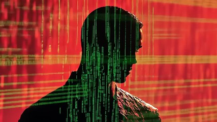 Digital Persona: A Silhouette of a Person Overlaid with Green Code Against a Red Background - Powered by Adobe