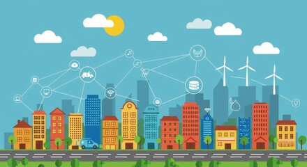 Colorful, flat-design cityscape with connecting icons above, suggesting smart city technologies, featuring buildings, wind turbines, sun