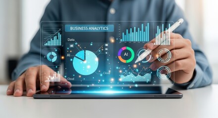 Man analyzing business analytics data on a futuristic digital interface