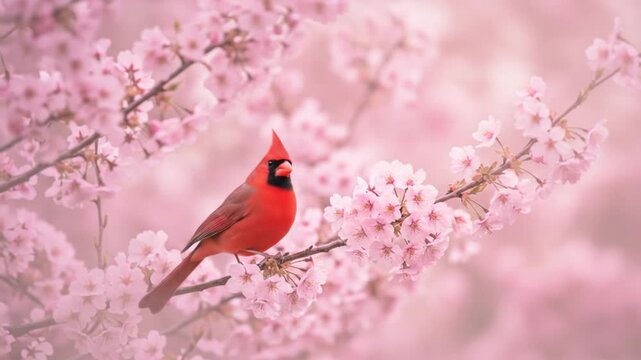 Cardinal bird amongst spring cherry blossoms