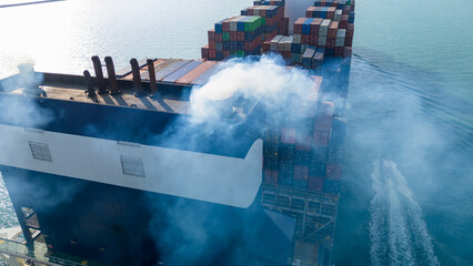 Smoke exhaust gas emissions carbondioxide from cargo lagre ship container ship,Marine diesel engine...