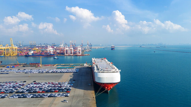 Many new cars running cargo ship, Ro-Ro Ship for import export shipping cars by Vessel Freight forwarding service ship, Logistics transportation dealer shipping Cars Cars Export Terminal at Yokohama