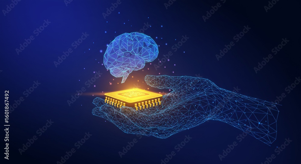 Poster conceptual digital artwork of a hand holding a glowing cpu chip and a wireframe brain. vibrant blue 