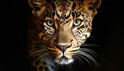 Obraz premium A striking close-up portrait reveals a leopard's face emerging from the shadows with intense eyes and detailed whiskers in focus.