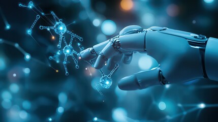 A robot hand touches glowing molecular structures in a futuristic blue technology setting with bokeh lights