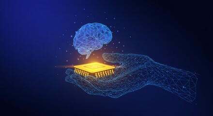 Conceptual digital artwork of a hand holding a glowing CPU chip and a wireframe brain. Vibrant blue background