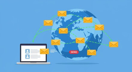 Conceptual illustration of email communication, a laptop sending messages across a globe