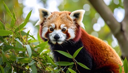 Naklejka premium A firefly close-up captures a red panda perched amidst lush green leaves, its detailed fur and alert eyes framed beautifully by branches.