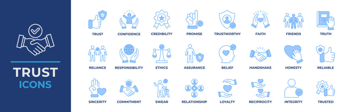 Trust icon set. Containing confidence, credibility, promise, trustworthy, friends, truth, faith, sincerity and honesty. Vector line blue icons collection.