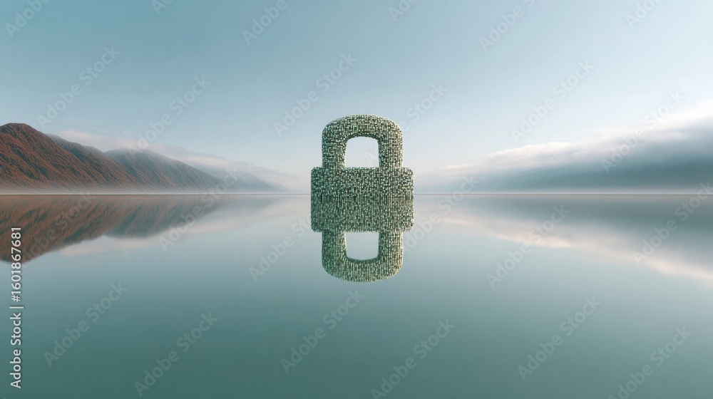 Poster modern high-quality digital security concept with encrypted padlock icon and calm reflection for pre